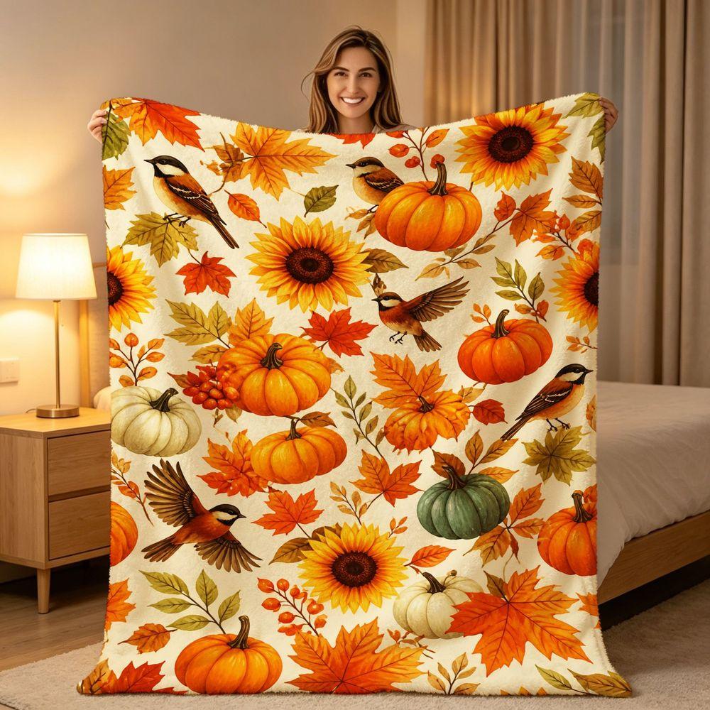 Cozy Autumn Pumpkin Sunflower Throw Blanket Fall Harvest Maple Leaf Chickadee Pattern Soft Warm Flannel Fleece Blanket for Bed Sofa Couch Living Room