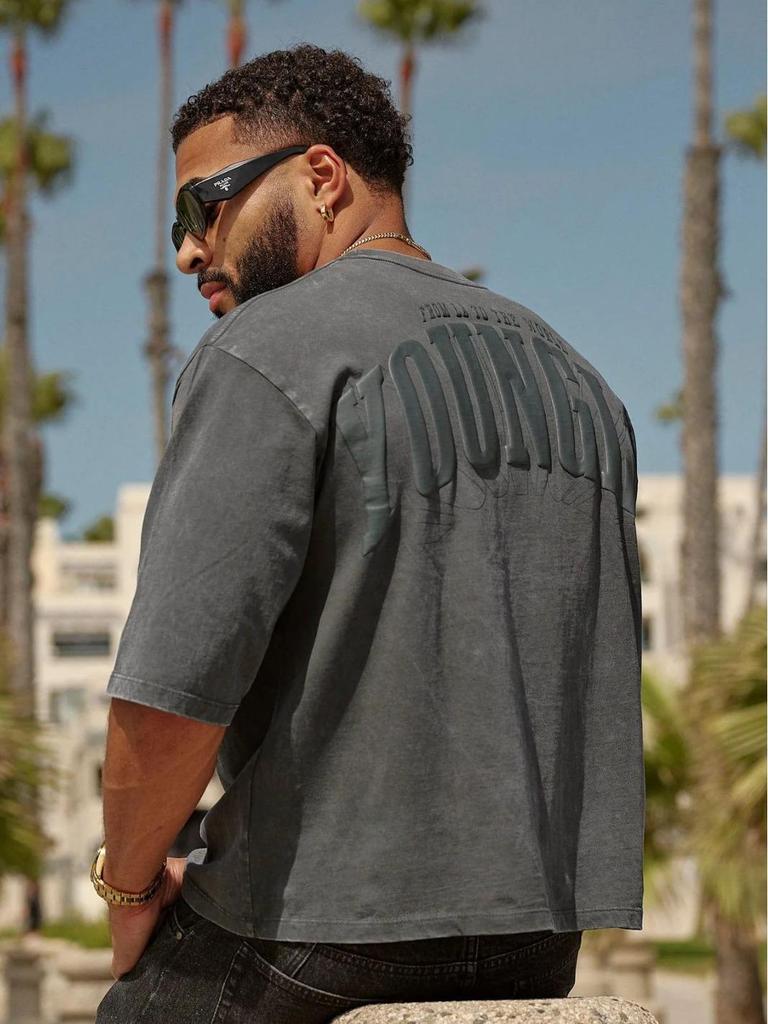 YOUNGLA Men's Oversized Puff Print Cotton T-Shirt - Short Sleeve, American Sport Casual Fit