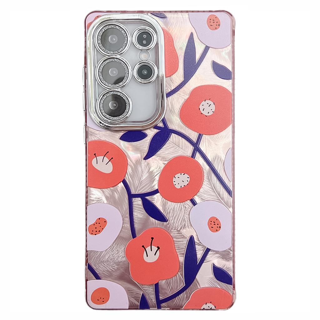 For Samsung Galaxy S25 Ultra Case Floral Pattern Design IMD PC+TPU Phone Back Cover with Glass Lens Film