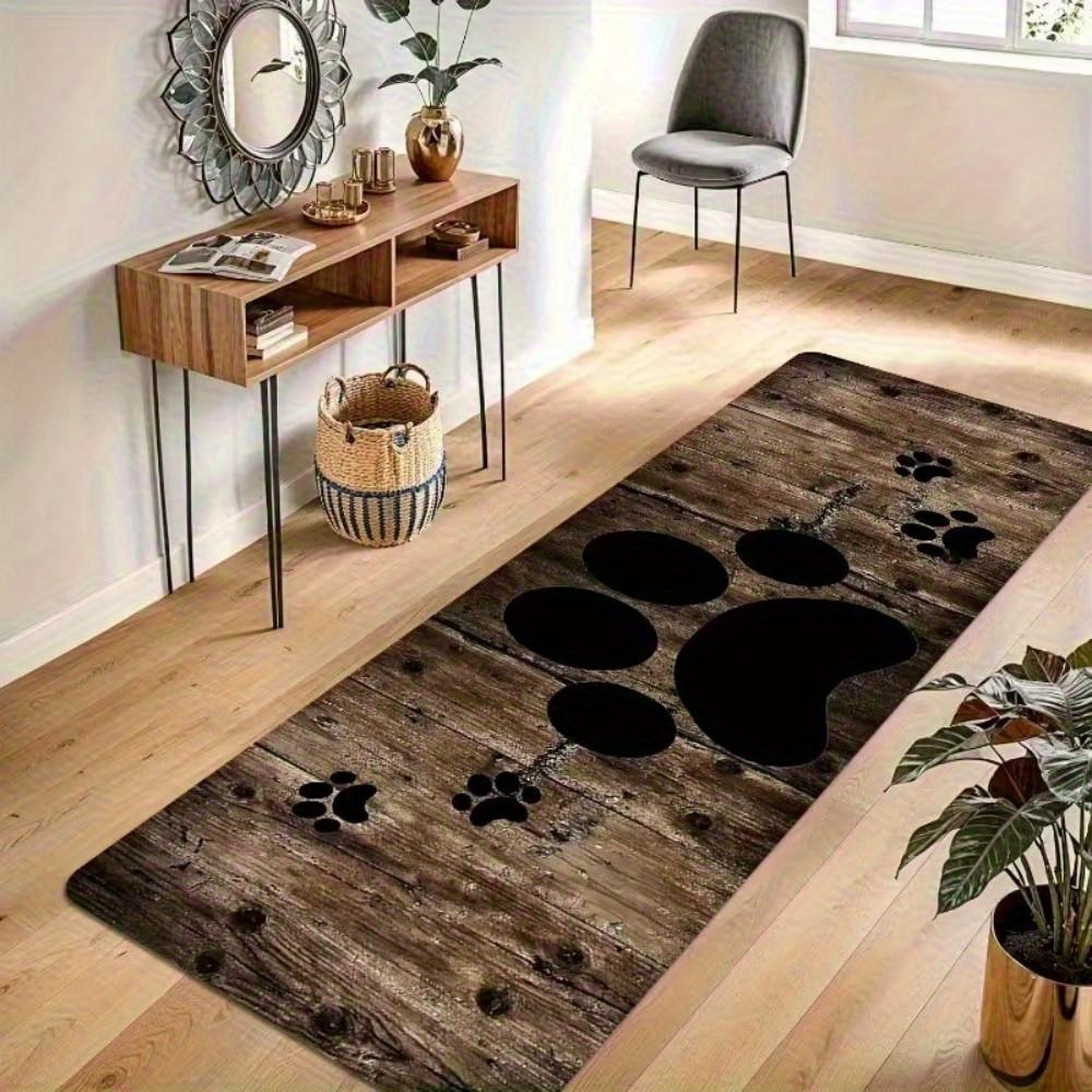 VIKAMA Wood Grain Cartoon Dog Paw Print Carpet. Non-Slip & Dirt-Proof, For Kitchen, Bathroom, Laundry Room, Home Decor Floor Mat