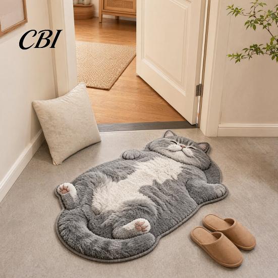 Cute Cat Floor Mat Bathroom Rug, Anti-Slip Absorbent Bath Washable Plush Home Safety Rug Kitty Door for Entrance Kitchen Decor Doorway Protector