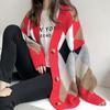 Women's Sweaters Autumn Winter Casual Plaid V-Neck Cardigans Single Breasted Puff Sleeve Loose