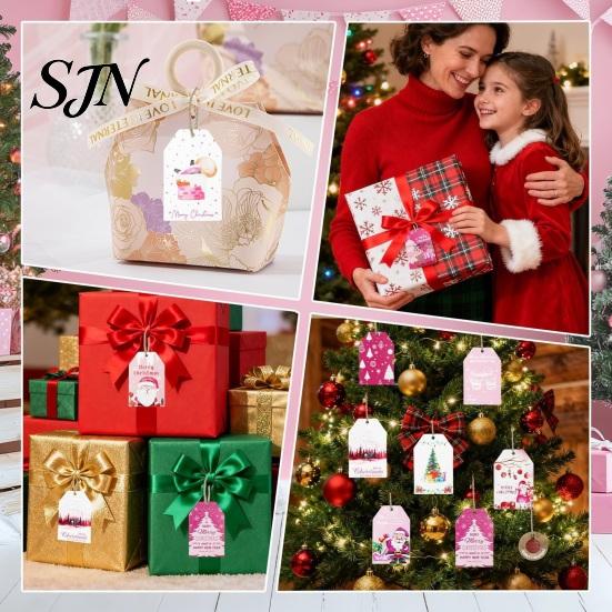 Christmas Party Favors 60 Pcs Paper Gift Tags, Pink Santa Snowman Hanging Labels Tags with Hemp Rope for Winter Holiday DIY Crafts, Present