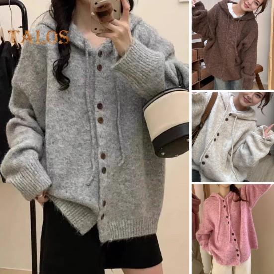 Женский свитер, пальто с капюшоном, завязками, длинными рукавами, однотонное трикотажное пальто с застежкой на пуговицы, повседневная вязаная верхняя одежда