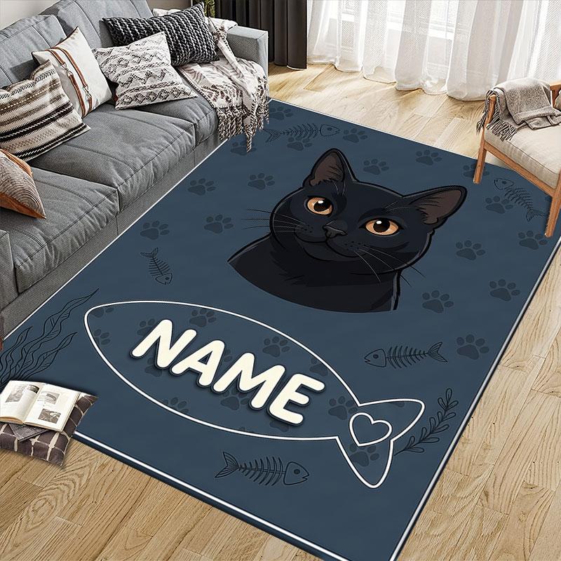 Custom Name,Cat Fish Label Portrait Home Sofa Decoration for Living Room & Bedroom, Non‑Slip Play Flannel Floor Mat for Game Room