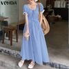 Women O Neck Puff Sleeve Ruffled Drawstring Waist Pleated Maxi Dress