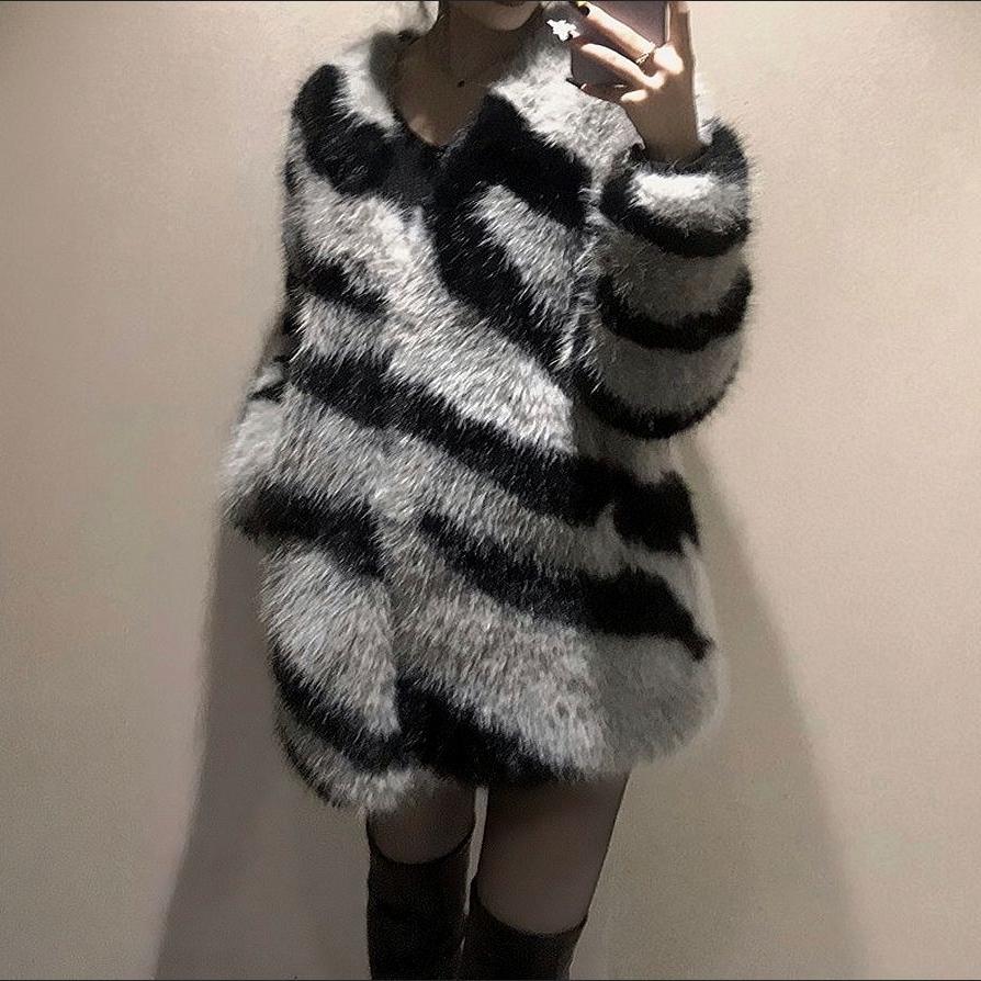 Модное свободное пальто из искусственного меха в полоску зебры для женщин, винтажное и молодежное