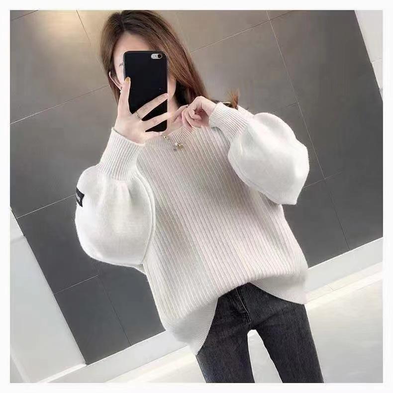 Белый мохеровый утепленный свитер с воротником на осень-зиму, милый модный повседневный однотонный свитер с рукавами-фонариками
