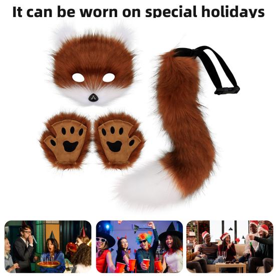 Furry Therian Costume Set for Girls Women Faux Fur Tail Plush Masque Fluffy Paw Gloves Set Fox Cat Wolf Animal Cosplay Accessories for Halloween
