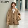 Thickened V-neck Sweater Female Student Cardigan with Pocket Harajuku Style Korean Loose Knit Coat Autumn and Winter Lazy Style Coat