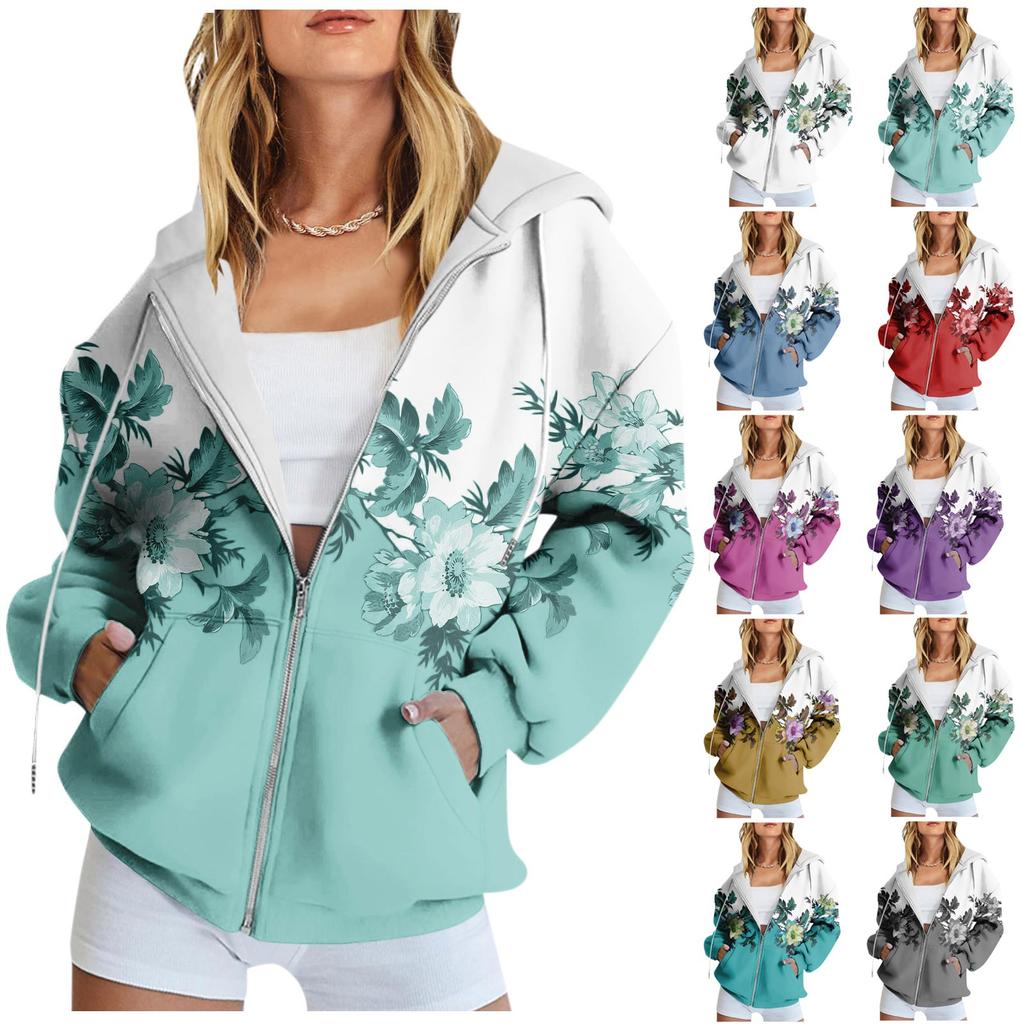 Women's Long Sleeve Floral Print Sweatshirt Long Sleeve Pocket Jacket Zipper Hoodie Coat