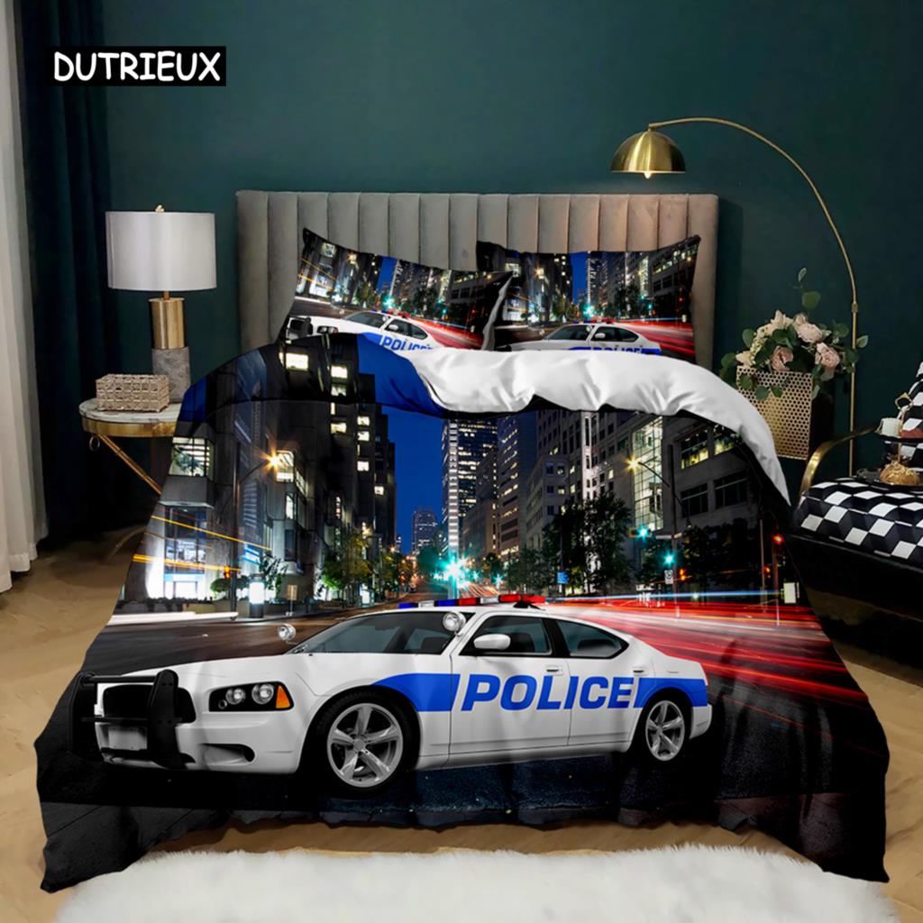 Пододеяльник с изображением полицейской машины, черный комплект постельного белья с изображением полицейской машины, чехол для одеяла с изображением мультяшного транспортного средства, красный чехол для пододеяльника с изображением полицейских огней из полиэстера