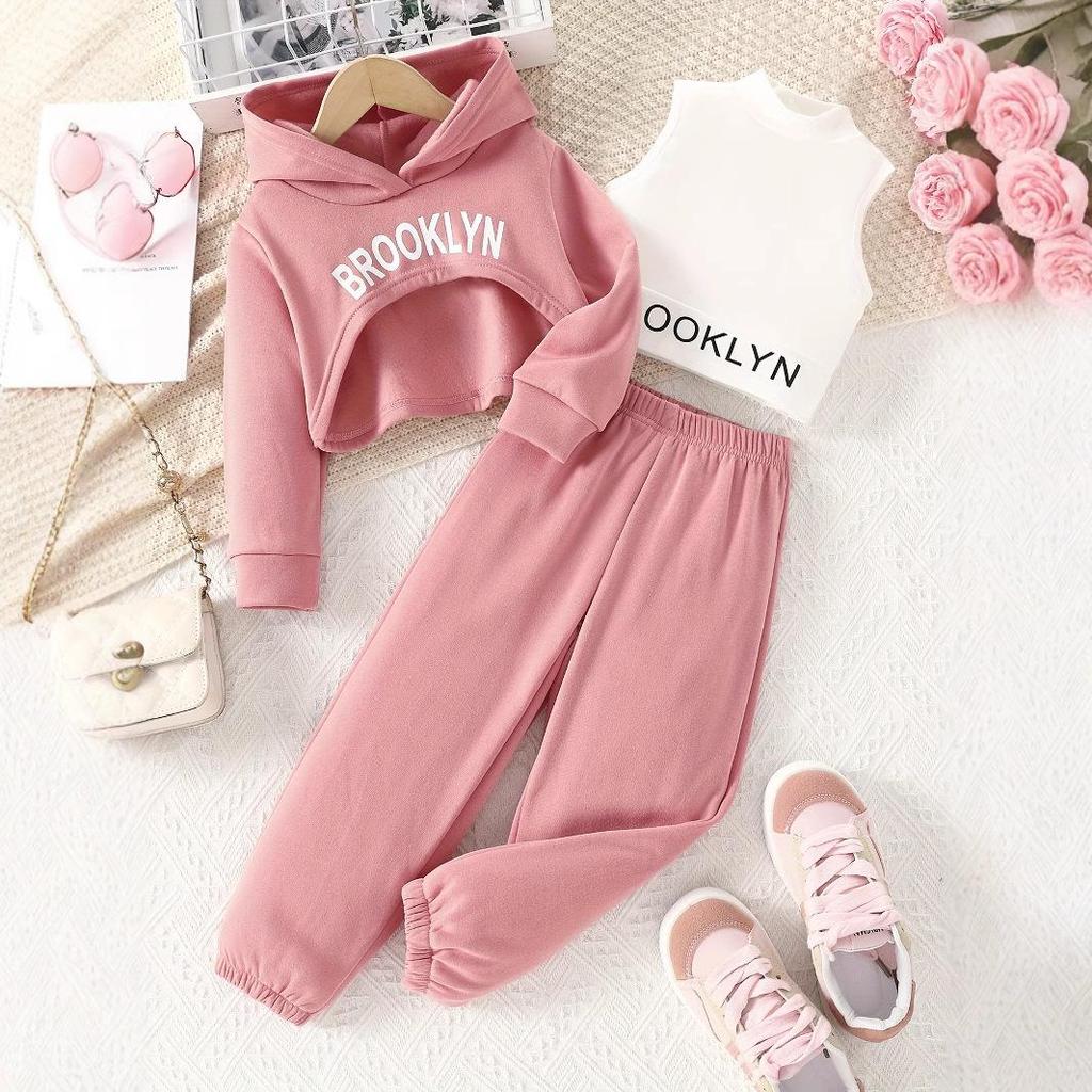 Girls' Pink Three-Piece Autumn Set: Hooded Sweatshirt, Turtleneck Vest, Bottoming Shirt, Trousers