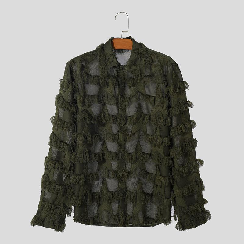 INCERUN Мужские рубашки с длинным рукавом и кисточками в стиле пэчворк с прозрачной сеткой