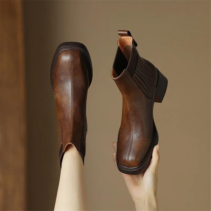 Модные новые осенние женские ботинки из спилковой кожи с квадратным носком, короткие ботинки для женщин на высоком каблуке, зимние ботинки для женщин, ботинки челси, женская обувь