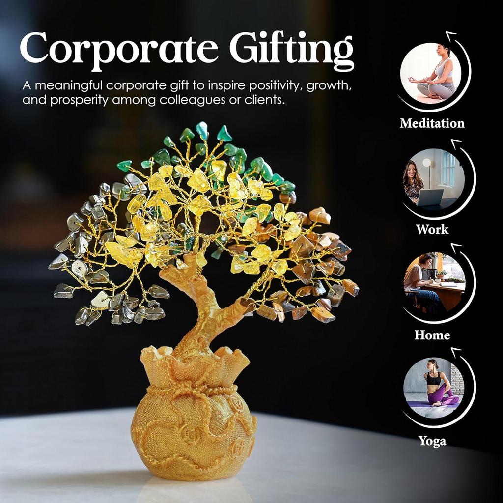 Money Magnet Crystal Tree Pyrite, Green Aventurine, Citrine, Tiger Eye Tree of Life Bonsai - Feng Shui Gold Crystal Ornaments for Prosperity