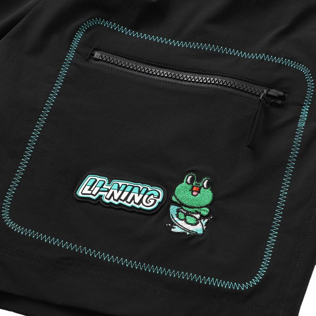 Li Ning X Line Friends Sports Fashion Series Cartoon Frog Embroided Logo Loose Sports Shorts Unisex Shorts Black AKSR658-1