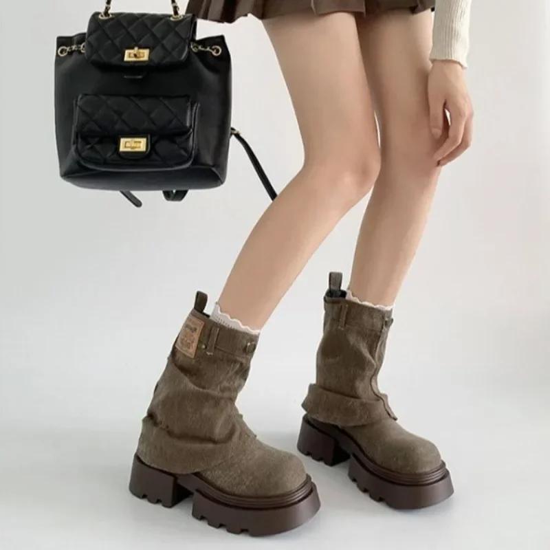 Средний каблук, новинка, женские полусапоги с круглым носком, демисезонная удобная и элегантная качественная обувь, женская обувь до середины голени