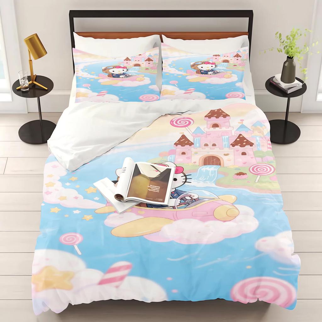 Постельное белье с принтом Hello Kitty для спальни Комплект пододеяльника Рождественские подарки Комфорт Мультяшный С наволочкой