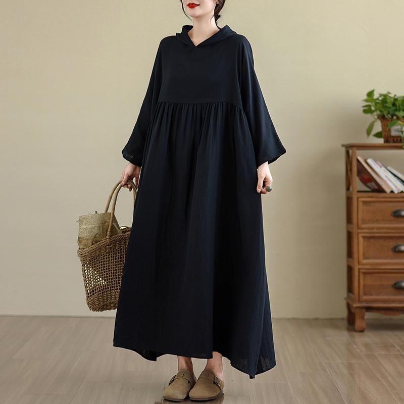 Long Sleeve Plus Size Cotton Vintage Hooded New In Dresses for Women Casual Loose Spring Autumn Dress