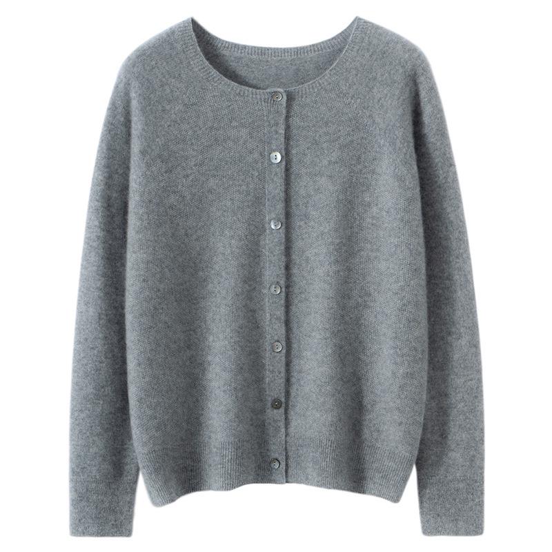2025 Women's Cashmere Round Neck Cardigan: Solid Color, Loose Knit, Long Sleeve