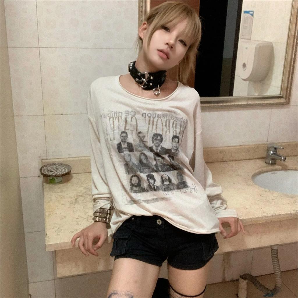 Японская футболка Y2k в стиле панк, гранж-эстетика, состаренные топы, трэшовый винтаж 2000-х, футболка с длинным рукавом, американский ретро