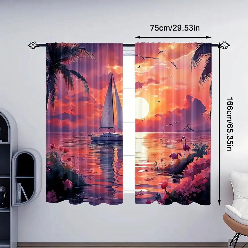2pc    Curtains Flamingo Sunset with Sailing Durable 100% Polyester Fabric  Without Electricity Birthday Party Use for Holiday