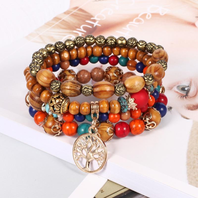 4Pcs/set Wooden Beads Bracelet Multicolor Women Boho Bangles With Hollow-out Pendant LM