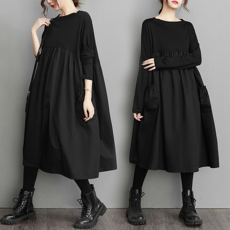 Long Sleeve Black Big Pocket Patchwork Dresses for Women Loose Casual Vintage Dress Fashion Elegant Clothing Spring Autumn 2025