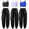 Kids Girls Asymmetrical Spaghetti Shoulder Straps Strappy Back Crop Top with Chain Pocket Pants for Dance Workout Sports