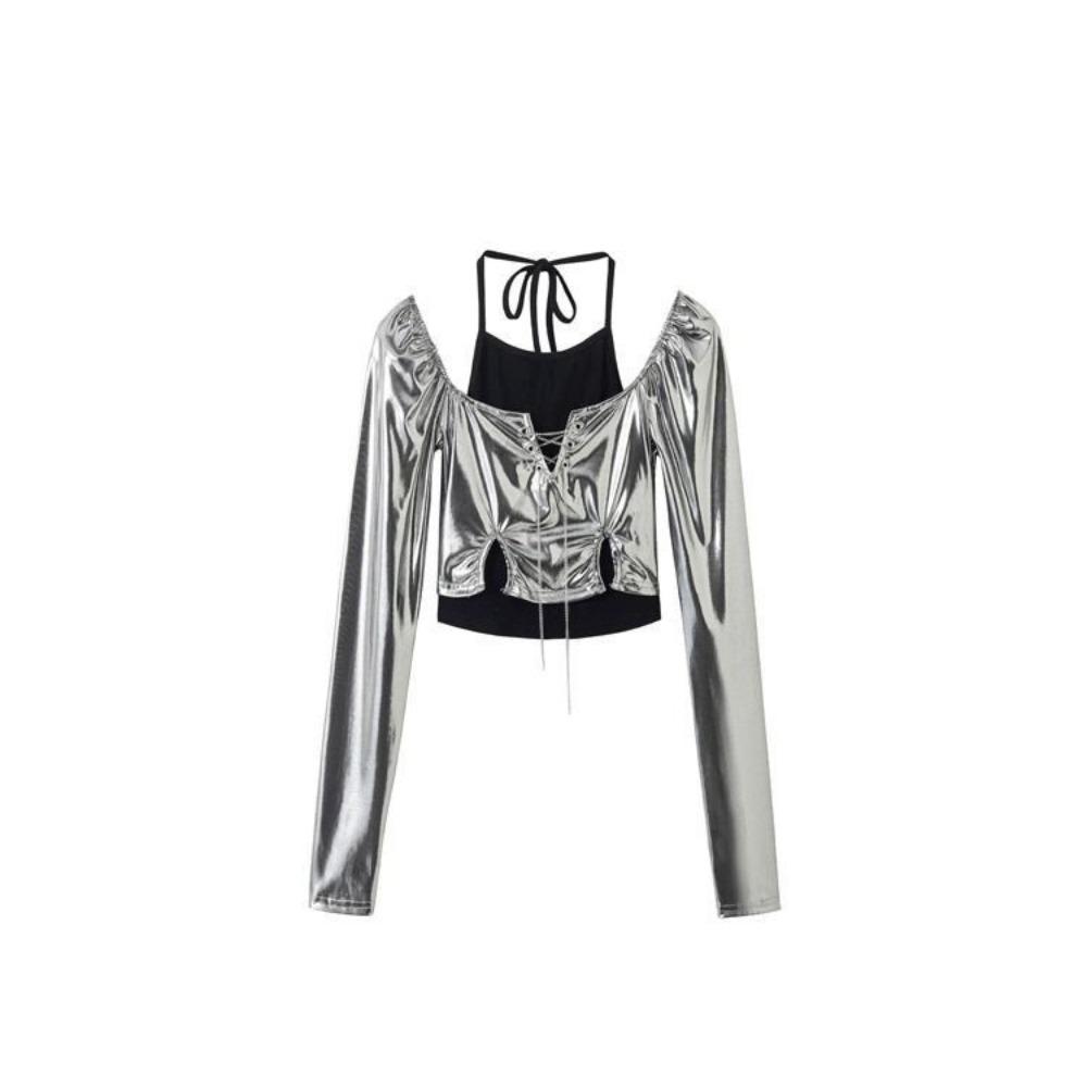 Pullover Y2K Slim Crop Tops Glossy Fake Two-pieces Shirts Sweet Long Sleeve T Shirt  Autumn
