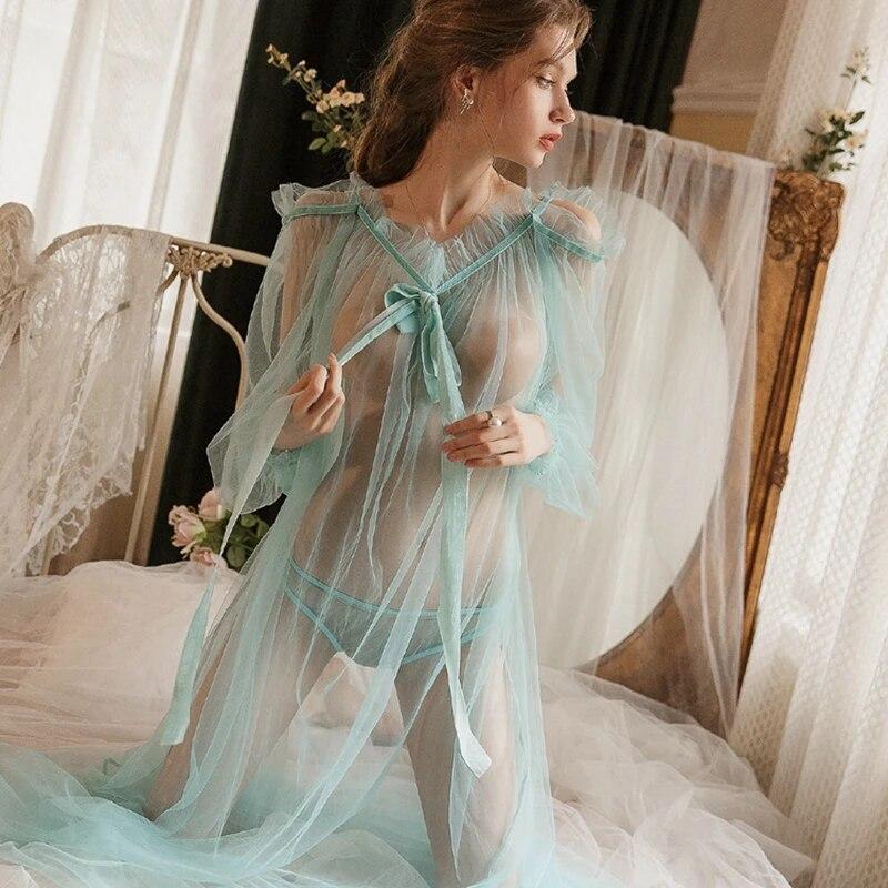 French Vintage Princess Sleepwear Women See Through Long Pajama Nightdress Fairy Ruffles Lace  Off The Shoulder Nightgowns