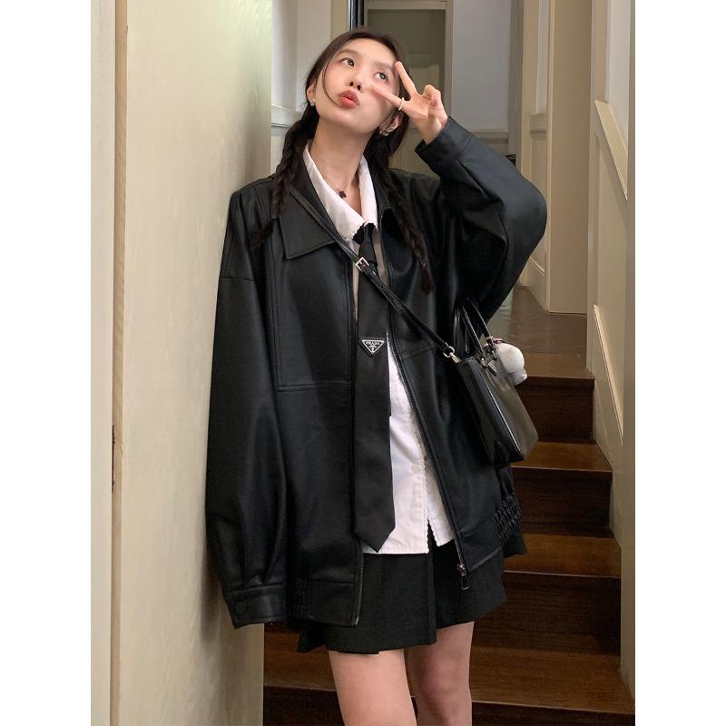 Vintage PU Leather Clothing New Korean Version Texture Loose Casual Handsome Motorcycle Jacket Women Cool Waterproof Soft Faux Leather Jackets