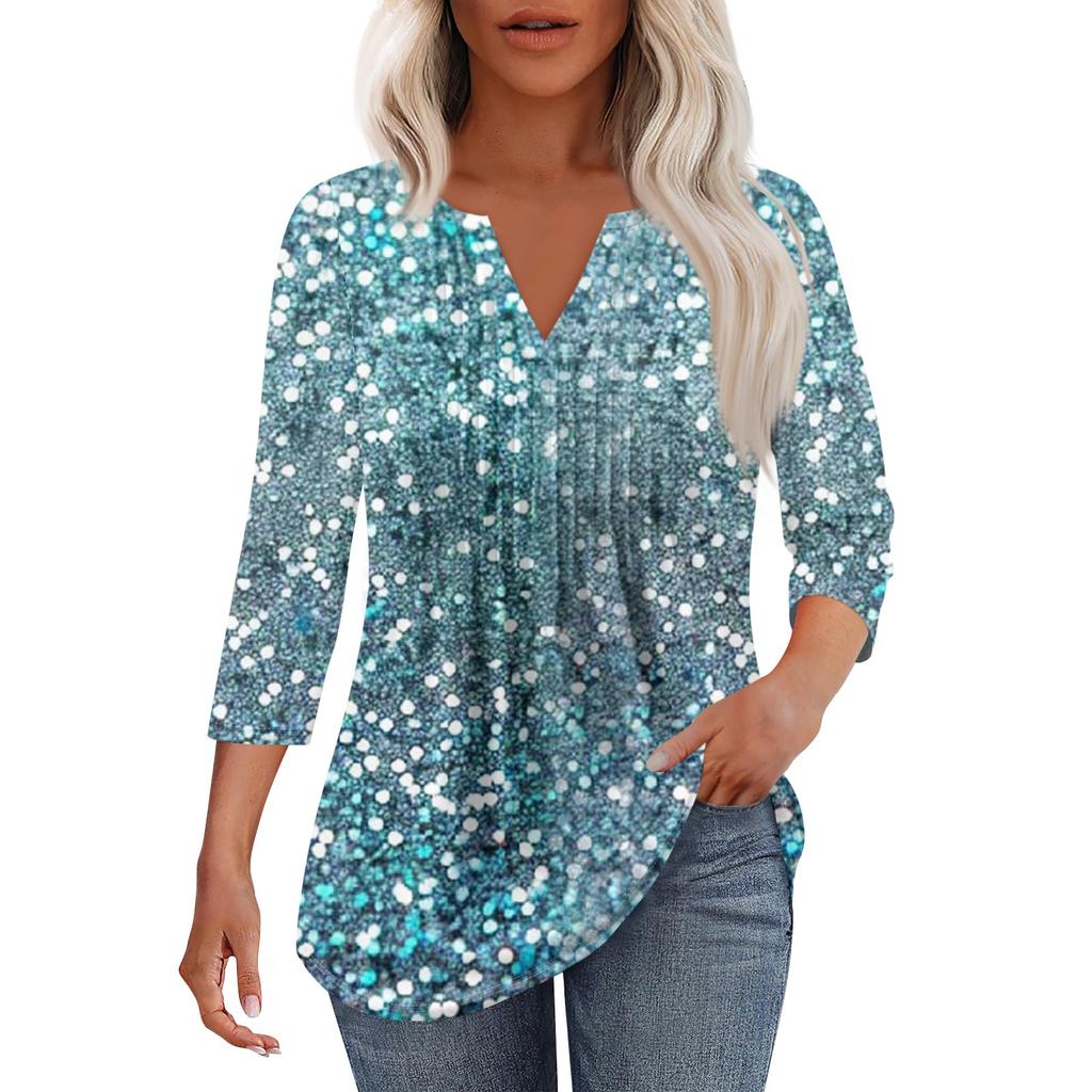 Women's Fashionable Casual Pleated V Neck Solid Color Seven Quarter Sleeve T-shirt Top