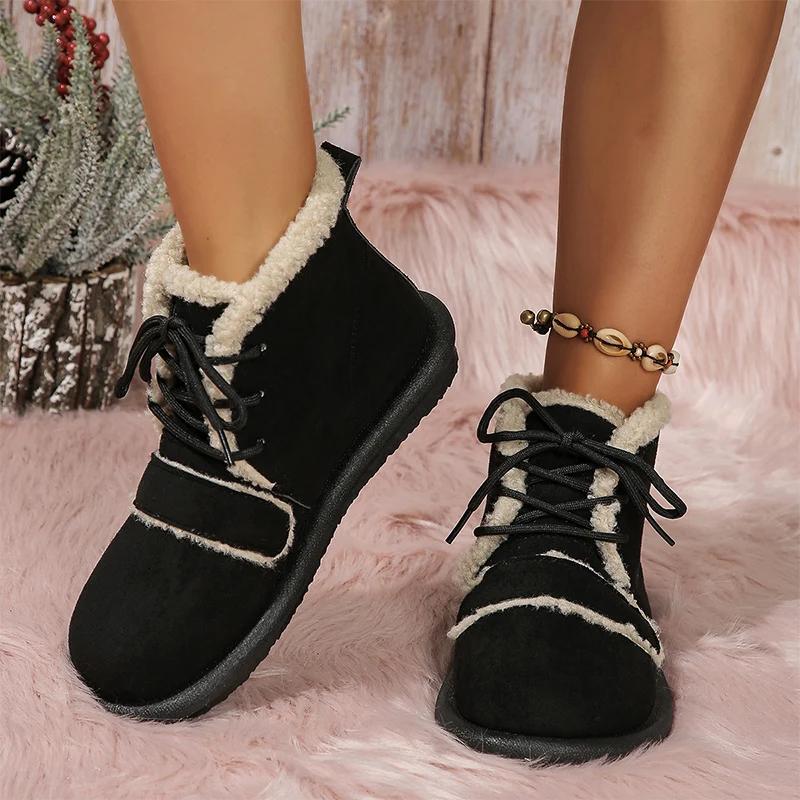 Женские замшевые зимние ботинки на плоской подошве, зимние короткие плюшевые теплые ботинки, новые повседневные хлопковые туфли на шнуровке для ходьбы Femme Zapatillas