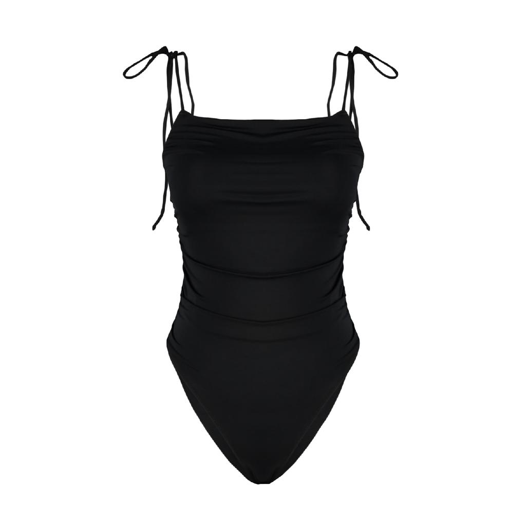 Black Square Neck Draped Swimsuit Tbess22ma0009
