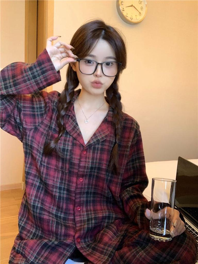 Пижамный комплект в красную клетку в корейском стиле: Удобная, Повседневная Домашняя Одежда для Пар