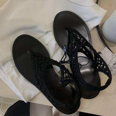 Женские плетеные сандалии на плоской подошве с открытым носком из овчины, для отпуска, пляжа, отдыха, сетчатые, прохладные тапочки для улицы