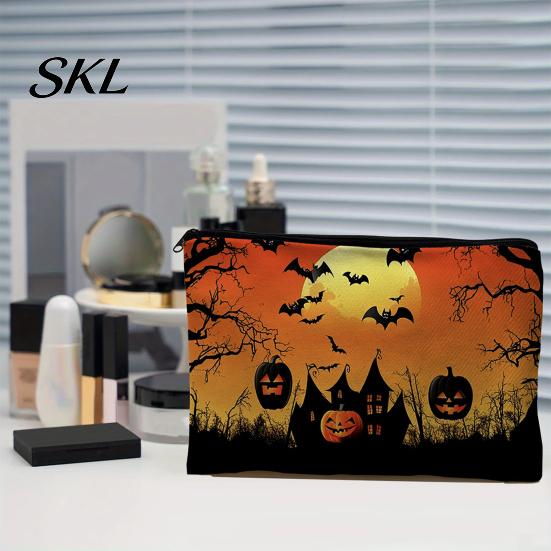 Spill-proof Zippered Travel Bag Halloween Storage Bag, with Pumpkin Ghost Print, Durable Canvas Castle Makeup Pouch Large Capacity Pouch, for