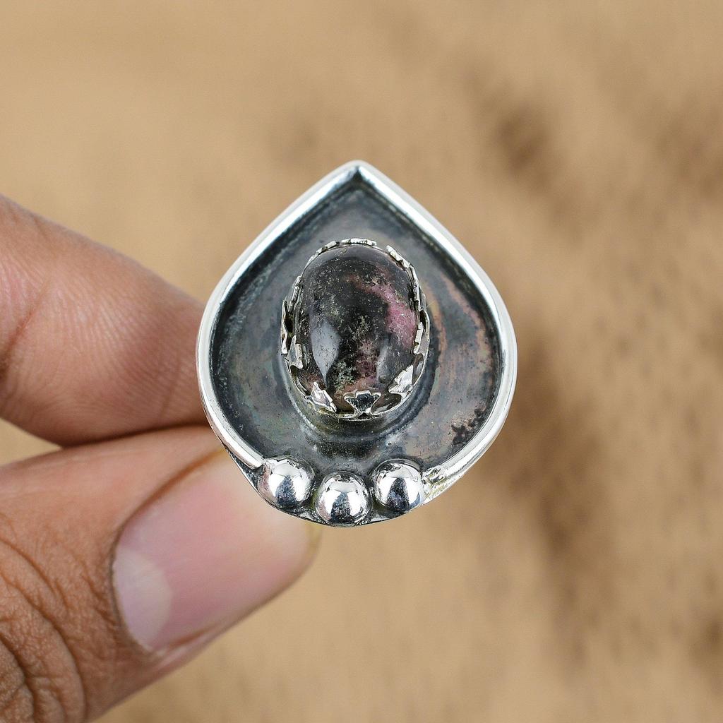 Mothers day Deal 925 Silver Oval Rhodonite Stone Birthday Statement Promise Ring