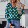 Floral Jacquard V-Neck Pullover Women's Autumn/Winter Casual Knit Top