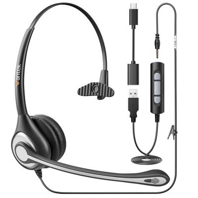 Wantek USB Одноухие с Микрофоном и Проводные ПК Наушники для Веб-Конференций и Звонков, Чистый Звук, Супер, Включают Разъем для Счета Типа C 3,5 мм