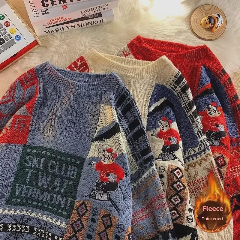 Men's Winter Retro Embroidered Bear Sweater: Loose, Warm, Plus Velvet Knitted Design for Couples