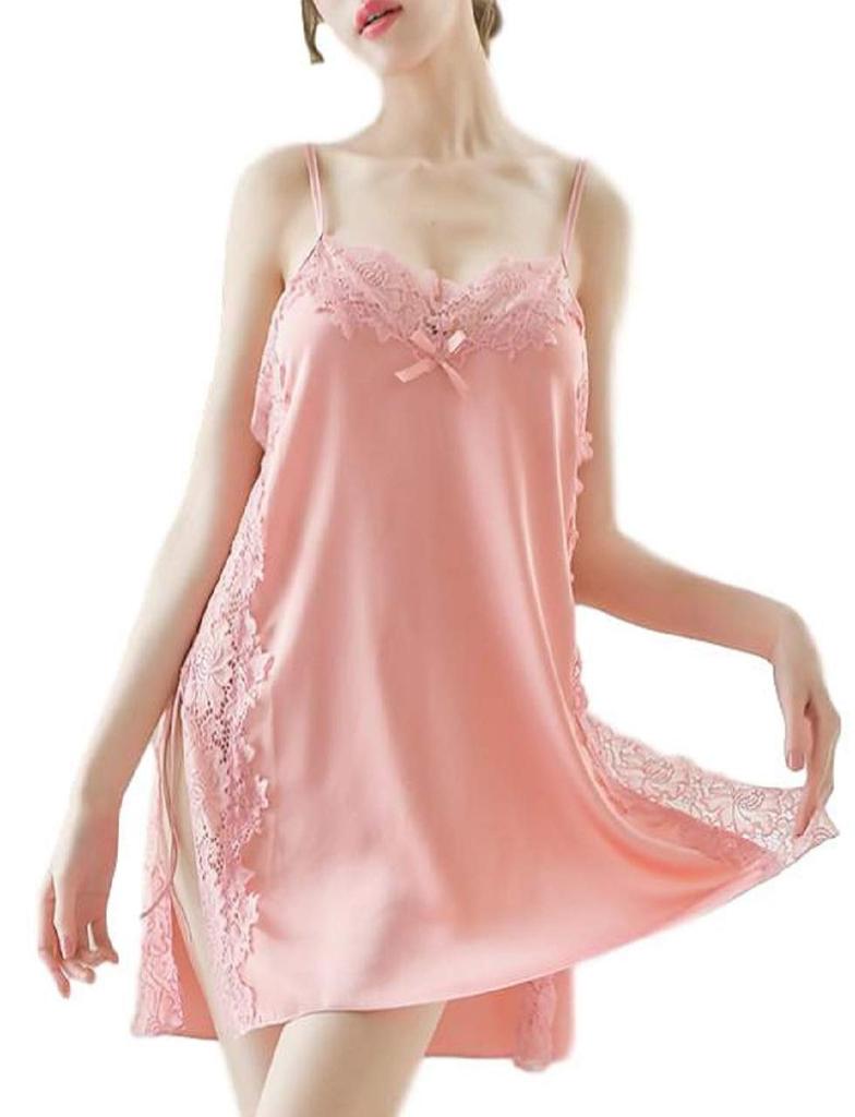 ROKAROKA Babydoll Satin Half Slip Camisole with Lace Nightgown Women's Lingerie, Side-Opening (Pink, L)