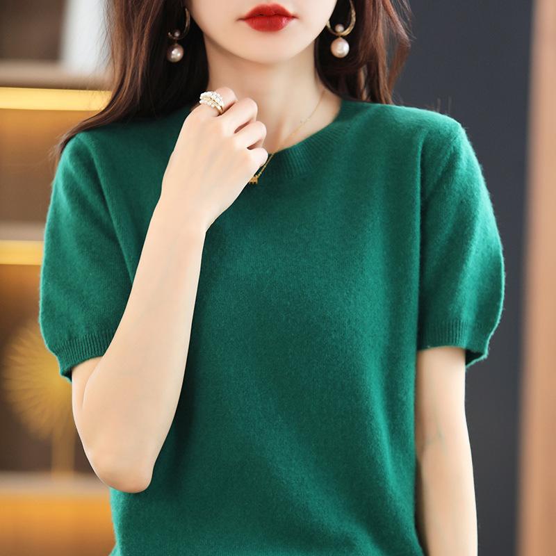 INDFS Женские модные повседневные осенне-зимние однотонные с принтом свитера с коротким рукавом и круглым вырезом