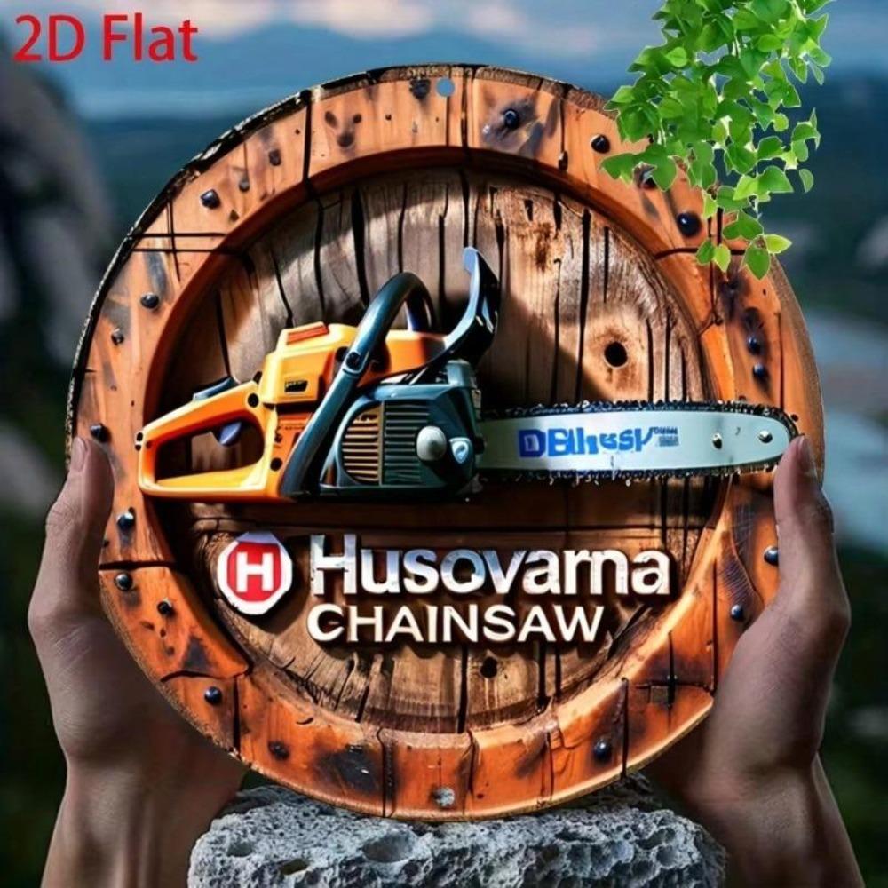 Vintage Style Chainsaw 2D Metal Tin Sign Wood Grain Decor Wall Art For Cafe Garage