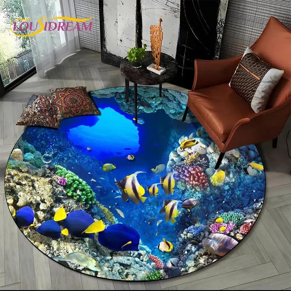 Круглый ковер 3D Иллюзия Морского Дна Дельфин, Коврик с Принтом Подводного Мира Нескользящий для Гостиной, Спальни, Игровой Комнаты, Декора Дома