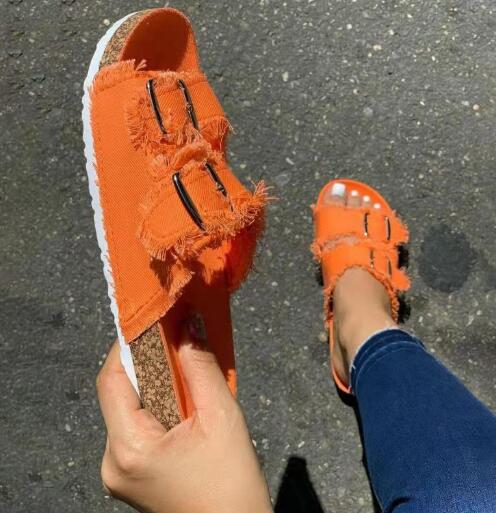 Летние уникальные новые повседневные джинсовые однотонные парусиновые с пряжкой и двумя словами, с плоскими шлепанцами P724