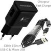Pour Samsung Galaxy A50 : Chargeur Rapide USB Original 2A + Câble Long Noir Univ