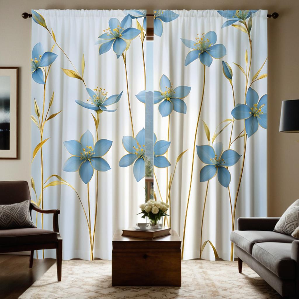 Набор из 2 штор HD Fresh Blue Flower Decoration Curtain с цифровой печатью, домашний стиль, для гостиной, спальни, полиэстер, идеально подходит для